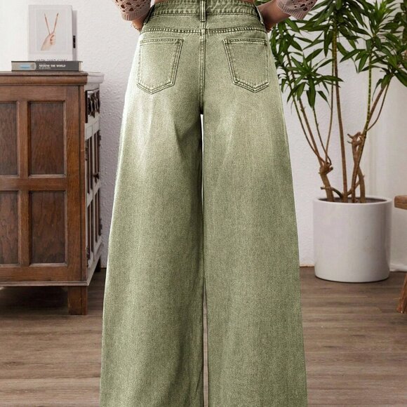 Army Green Casual Women's Wide Leg Patchwork Loose Jeans - Picture 3 of 7